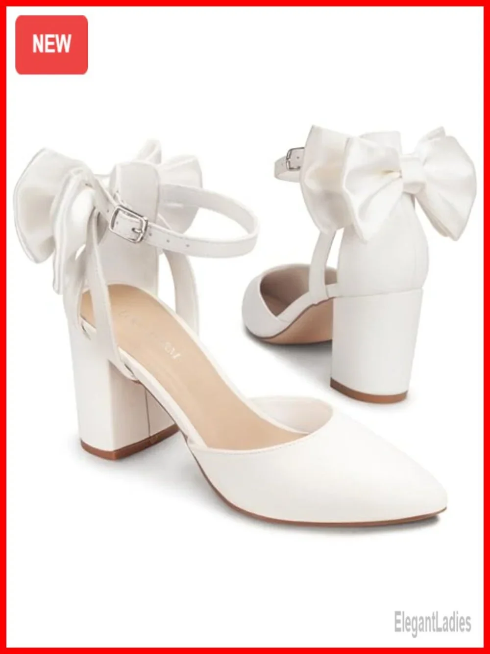 Closed Pointed Toe Heels with Bow Low Chunky Block Heel Ankle Strap D'Orsay